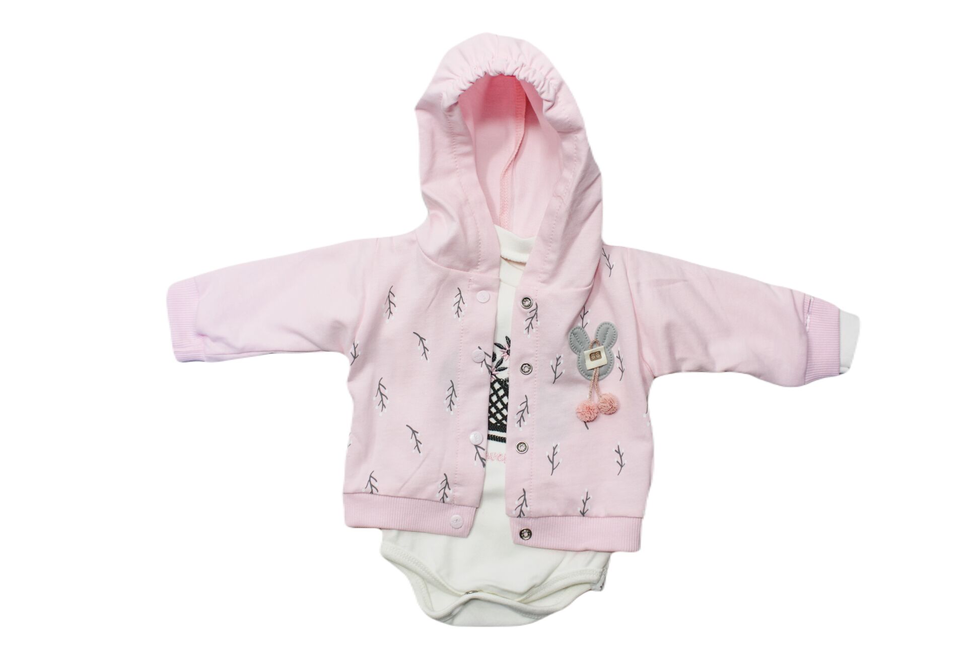 Alcan Avm Kız Çocuk Pembe Yaprak Desenli Zıbınlıklı Kapışonlu Alt Üst Takım