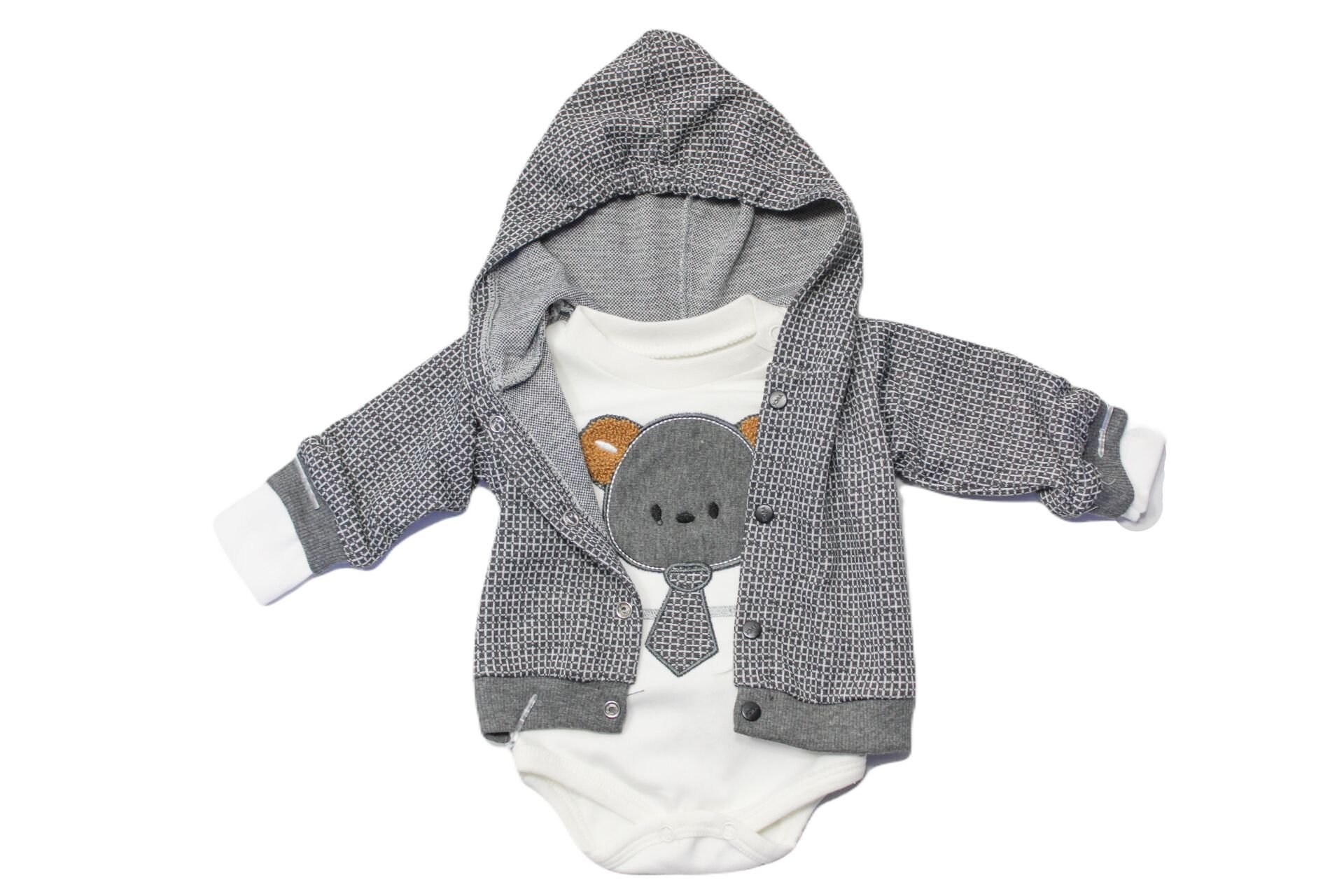 Alcan Avm Erkek Bebek Gri İp Desenli Kapışonlu Zıbınlıklı Alt Üst Takım