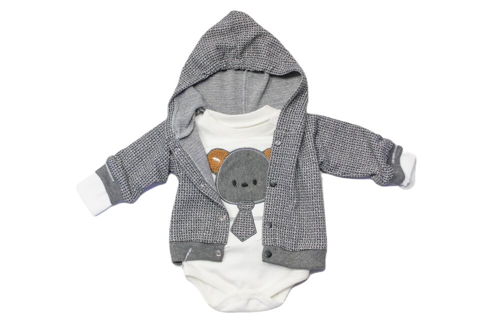 Alcan Avm Erkek Bebek Gri İp Desenli Kapışonlu Zıbınlıklı Alt Üst Takım