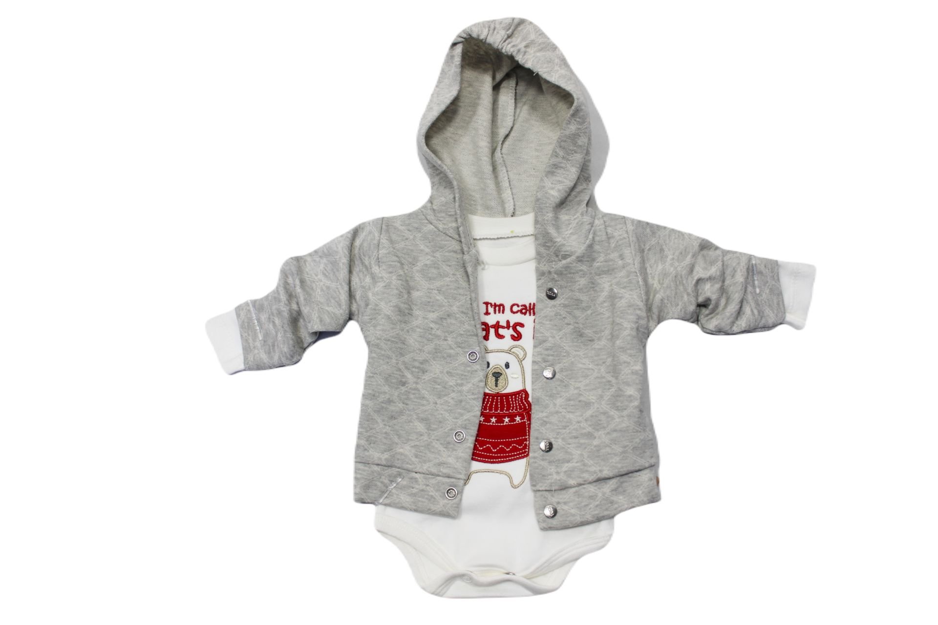 Alcan Avm Beyaz Erkek Bebek Gri Hırkalı Ayıcık Desenli Zıbın Takımı