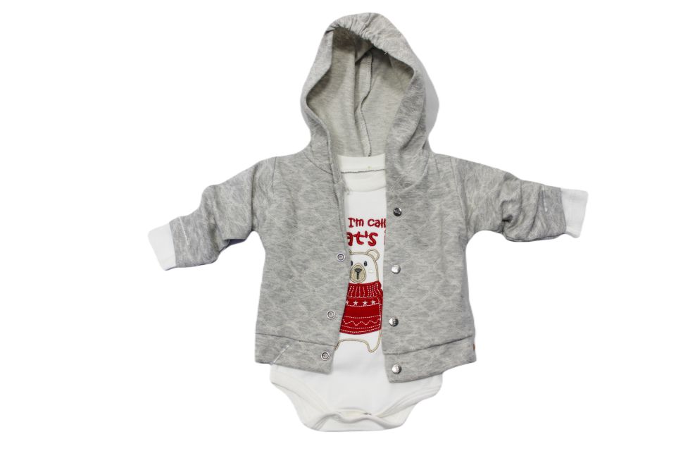 Alcan Avm Beyaz Erkek Bebek Gri Hırkalı Ayıcık Desenli Zıbın Takımı