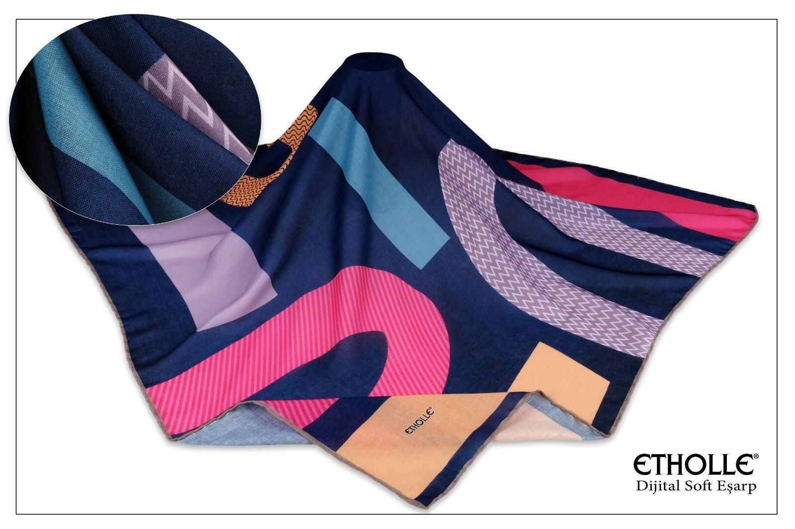 Alcanavm Etholle Lacivert, Baloncuk Desenli Dijital Soft Eşarp 8689058356043