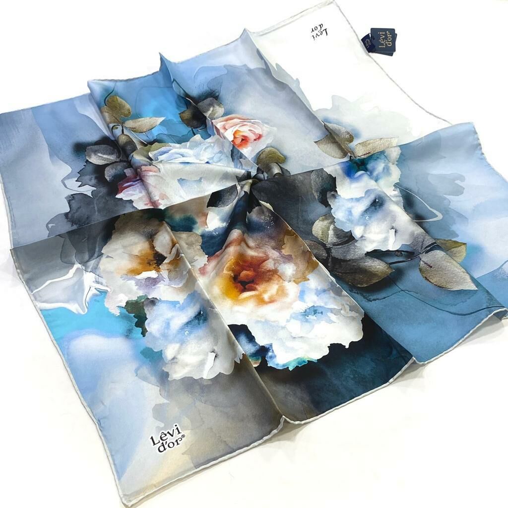 Levidor Mavi, Çiçek Desenli İpek Eşarp 8689358355447